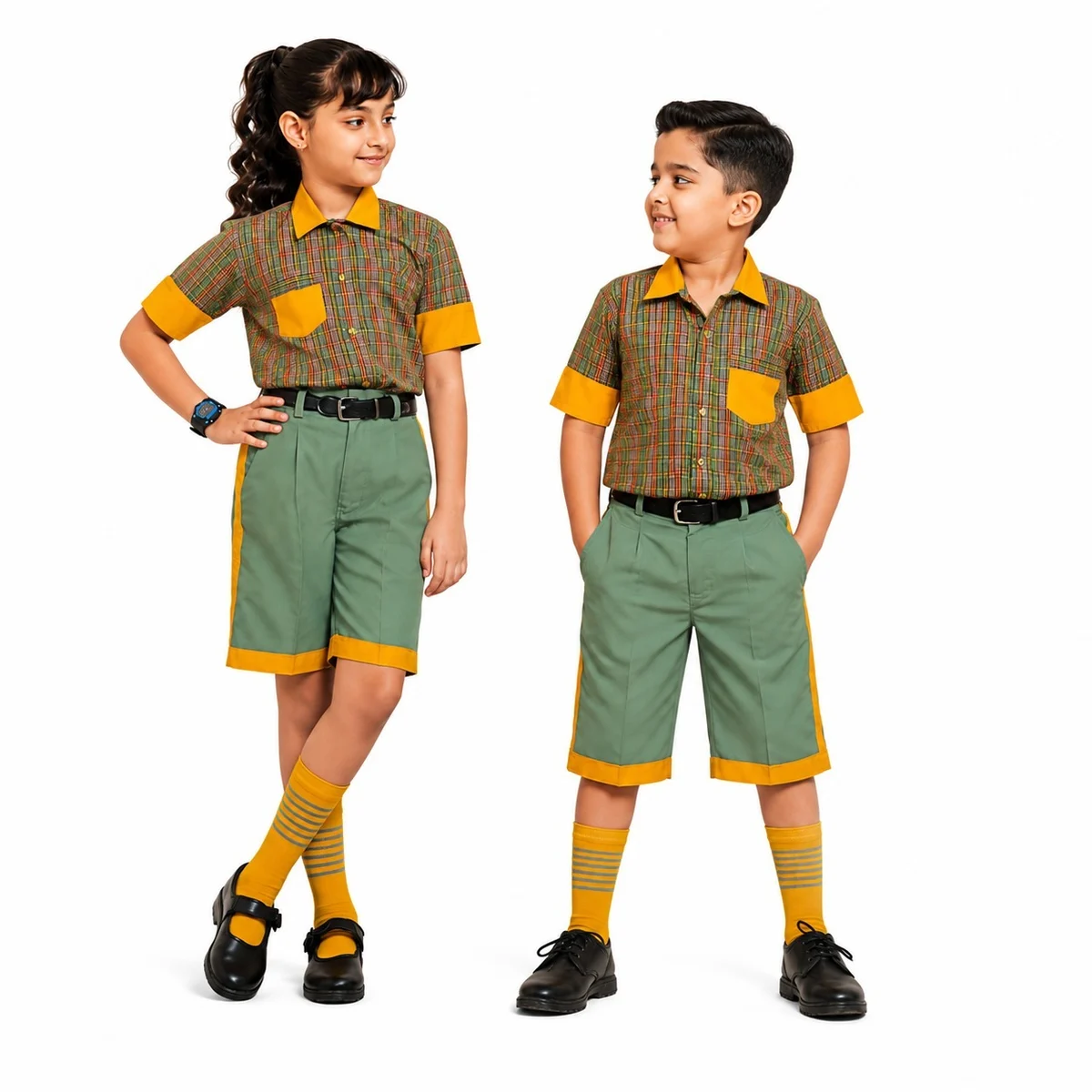 Green and Yellow Checked School Uniform Set