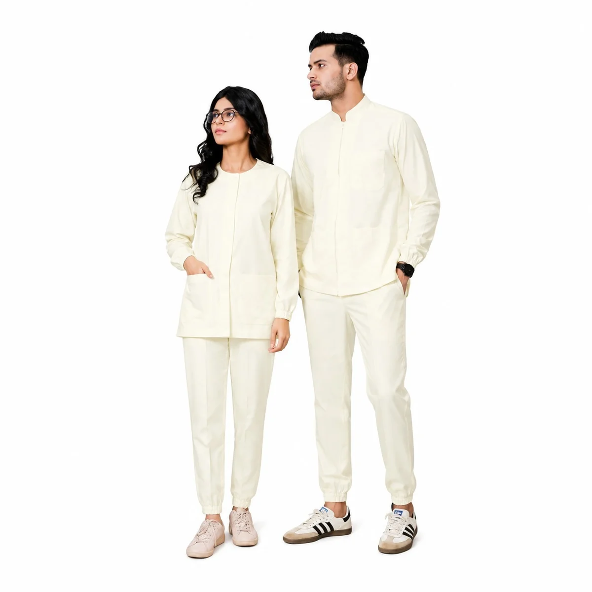 Unisex Off-White Poly-Cotton Full Sleeve Scrub Set