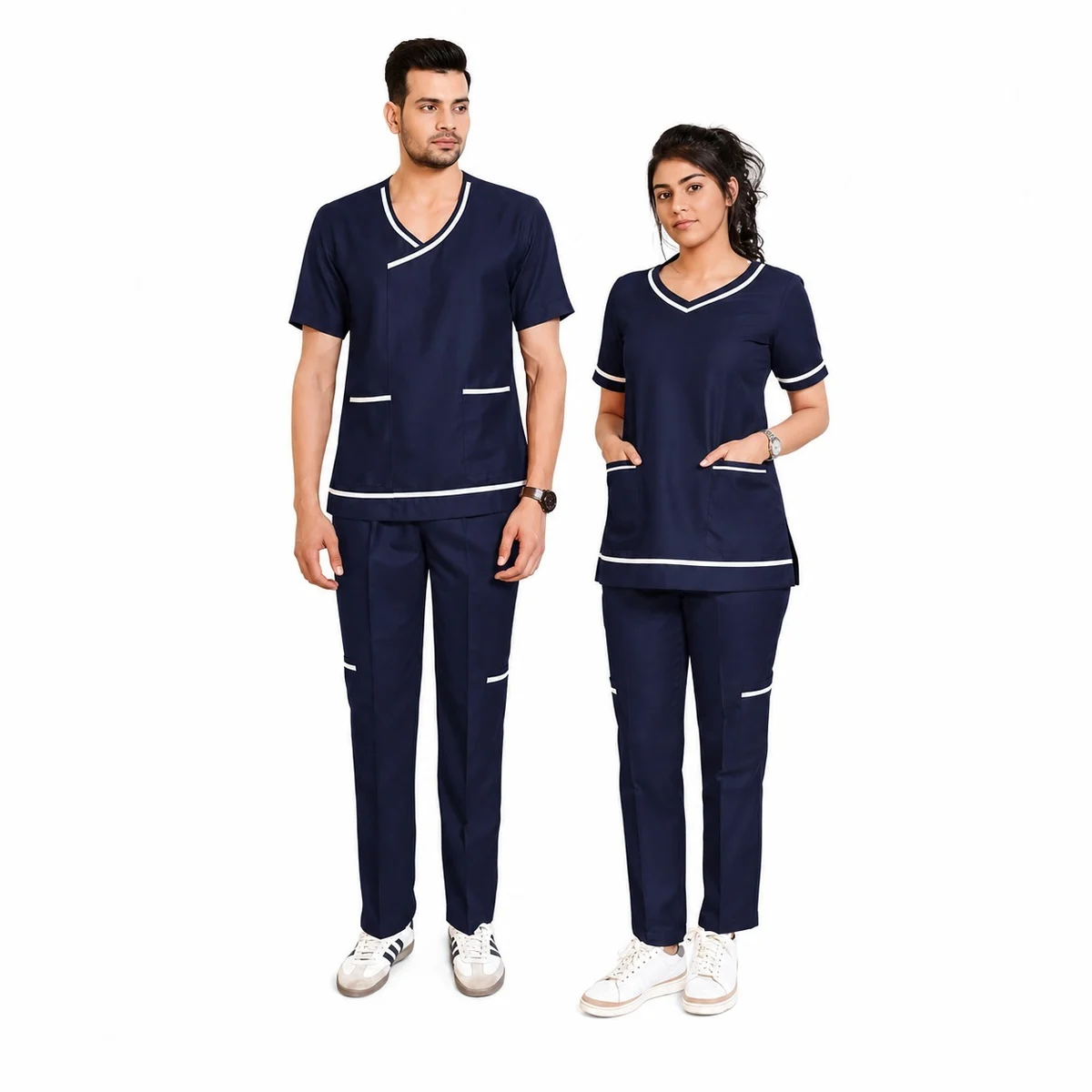 Navy Blue Unisex Medical Scrub Set with White Piping