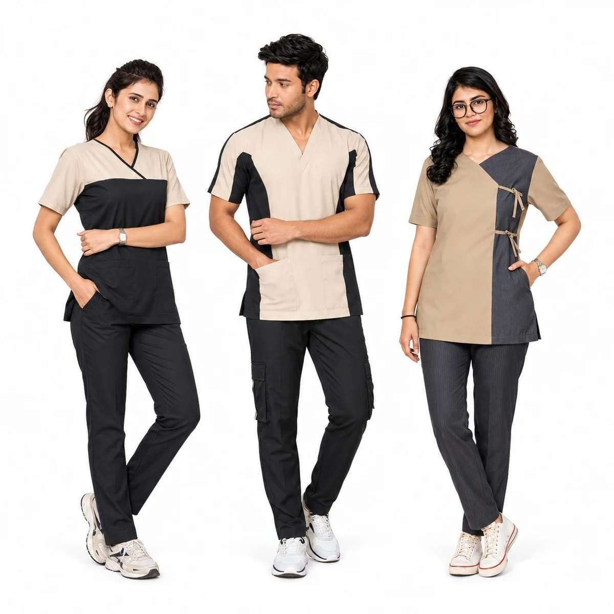 Beige and Black Color-Blocked Scrub Set