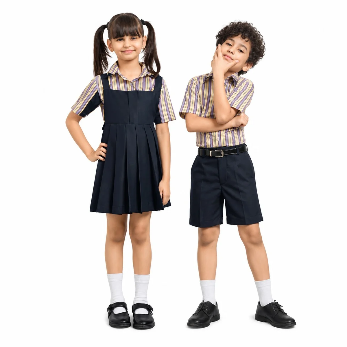 Kids Striped Shirt and Navy Pinafore School Uniform Set