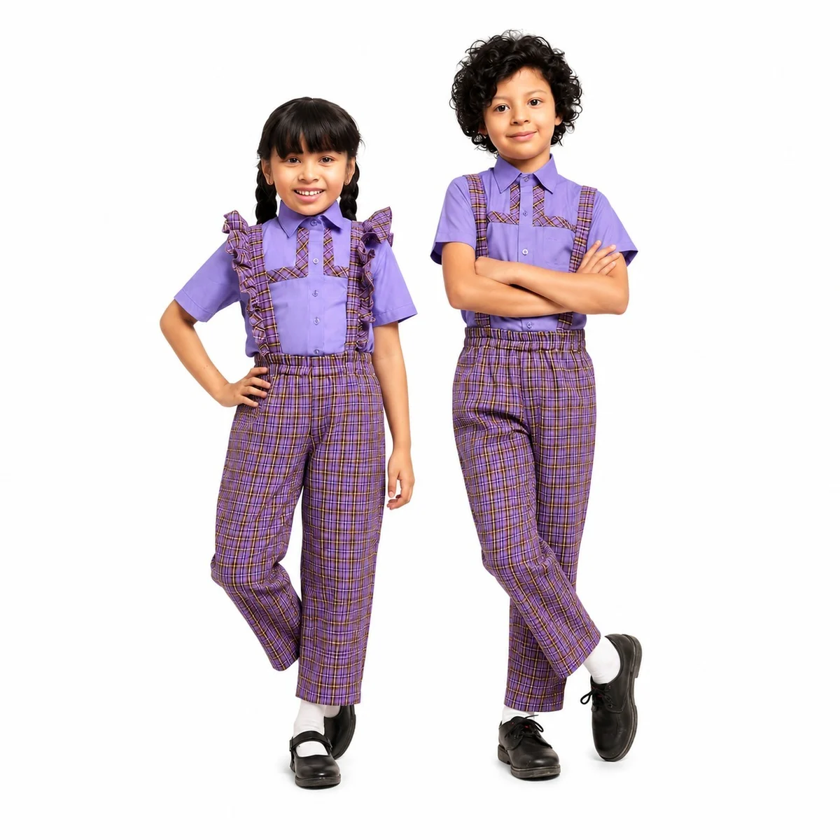 Purple Plaid School Uniform Set with Suspenders