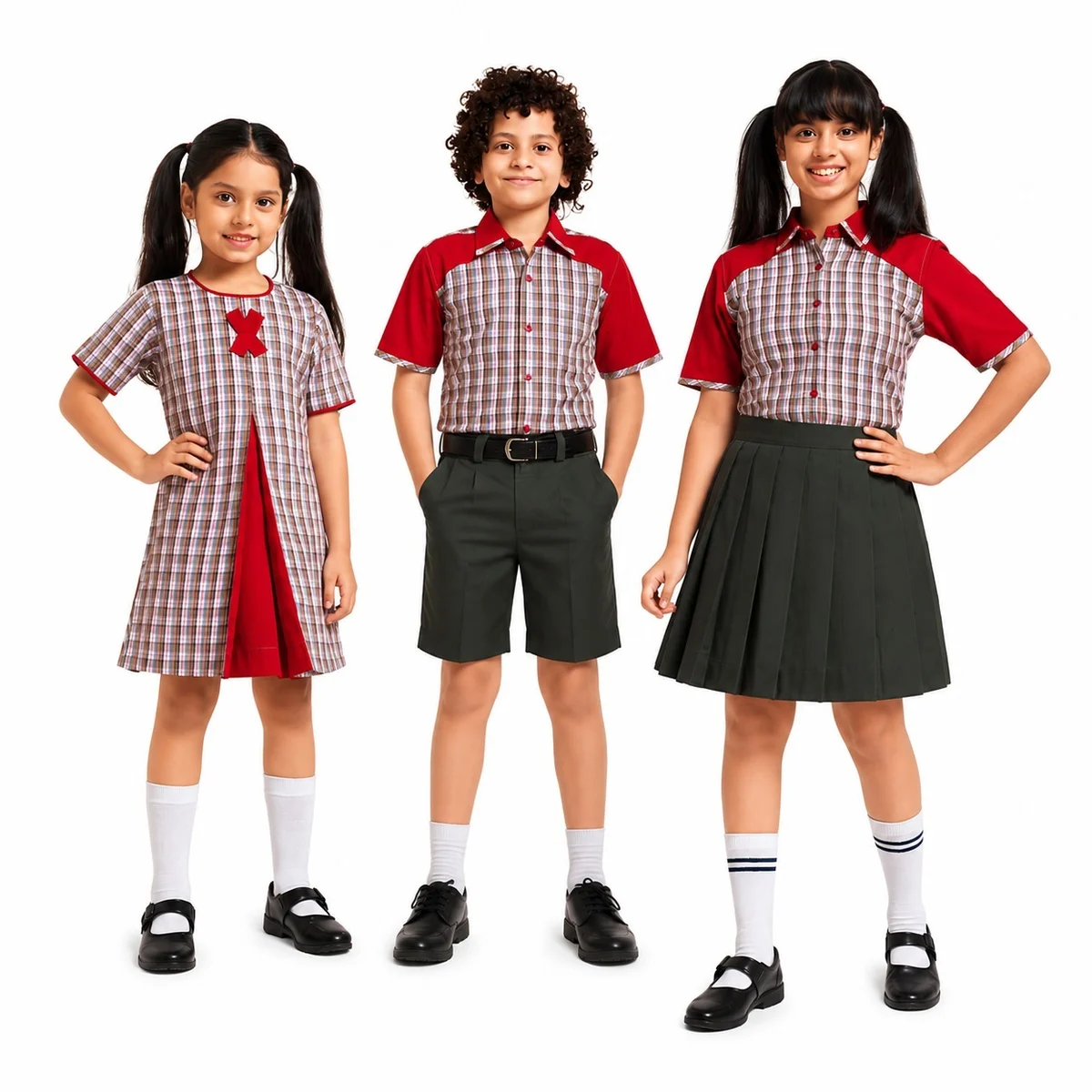 Red Grey Plaid and Dark Green Childrens School Uniform Set