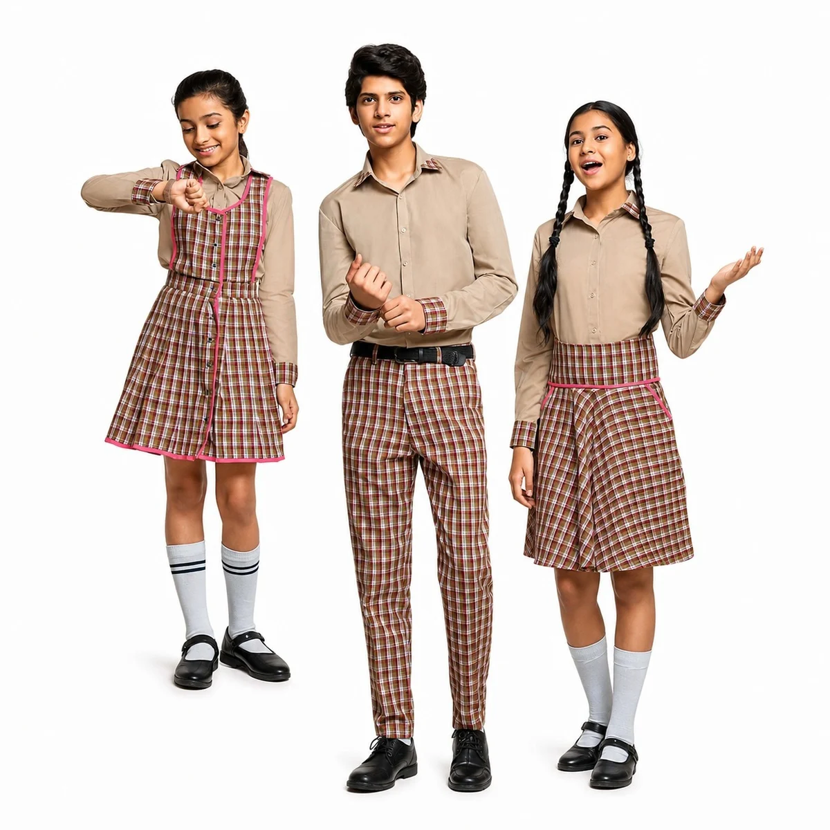 Beige and Plaid School Uniform Set