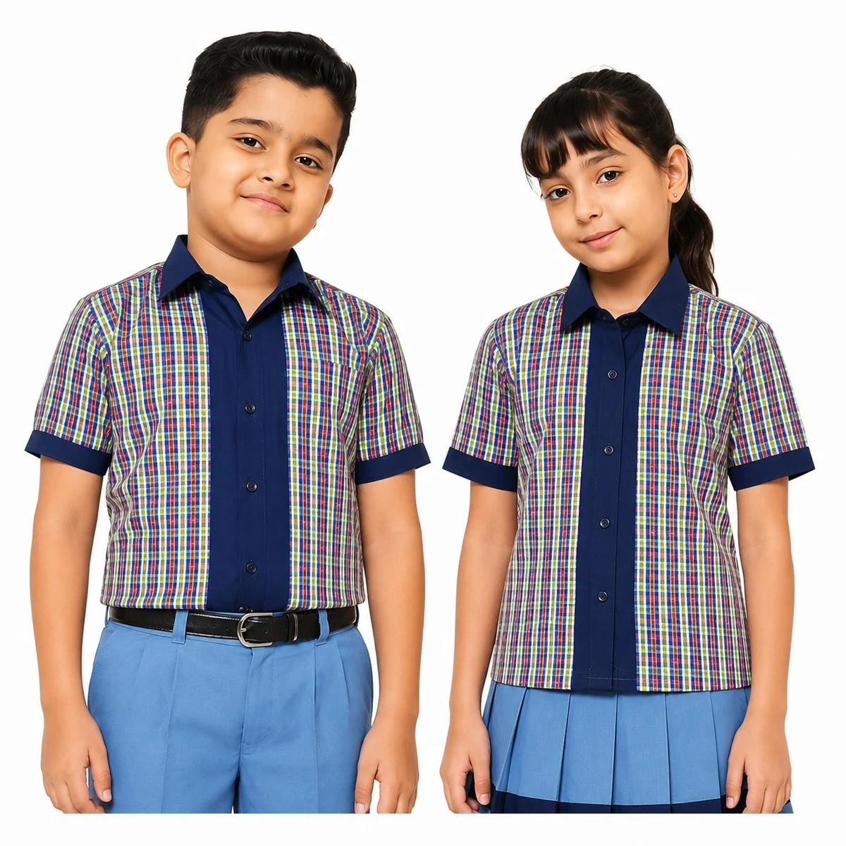 Multi-Color Plaid School Uniform Shirt with Blue Accents