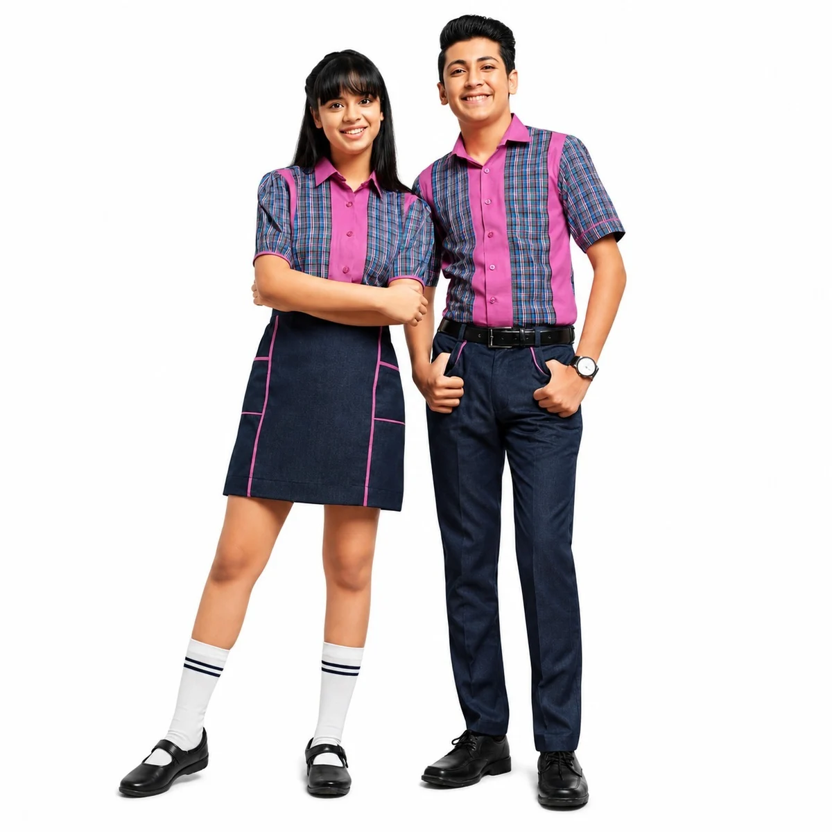 Co-Ed School Uniform Set with Plaid Shirt and Dark Blue Bottoms