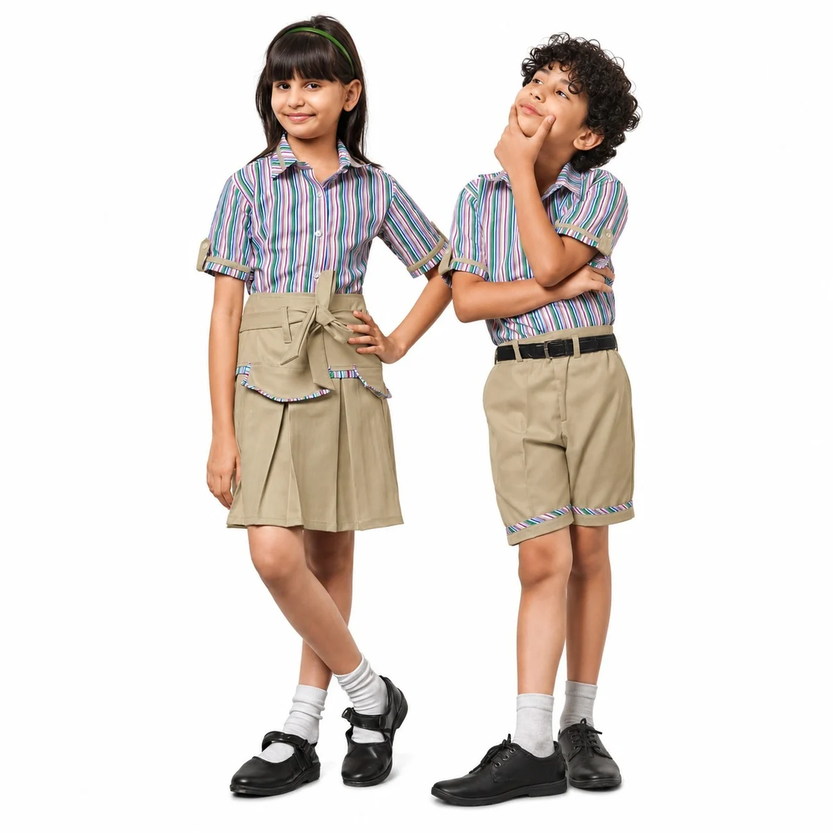 Multi-Color Striped Shirt and Khaki School Uniform Set