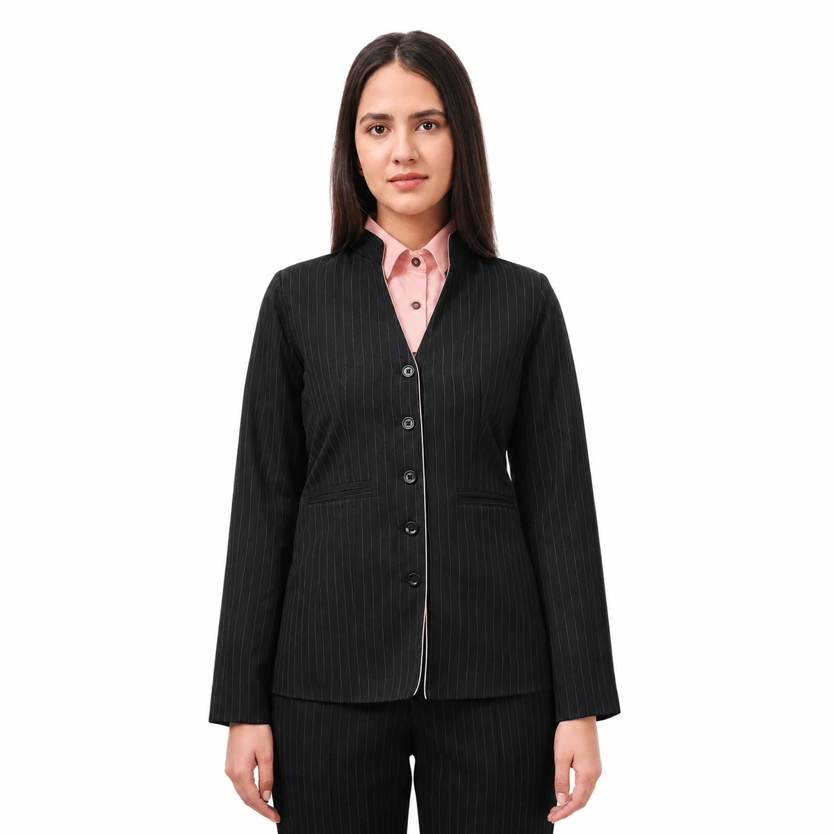 Womens Black Pinstripe Mandarin Collar Suit Set