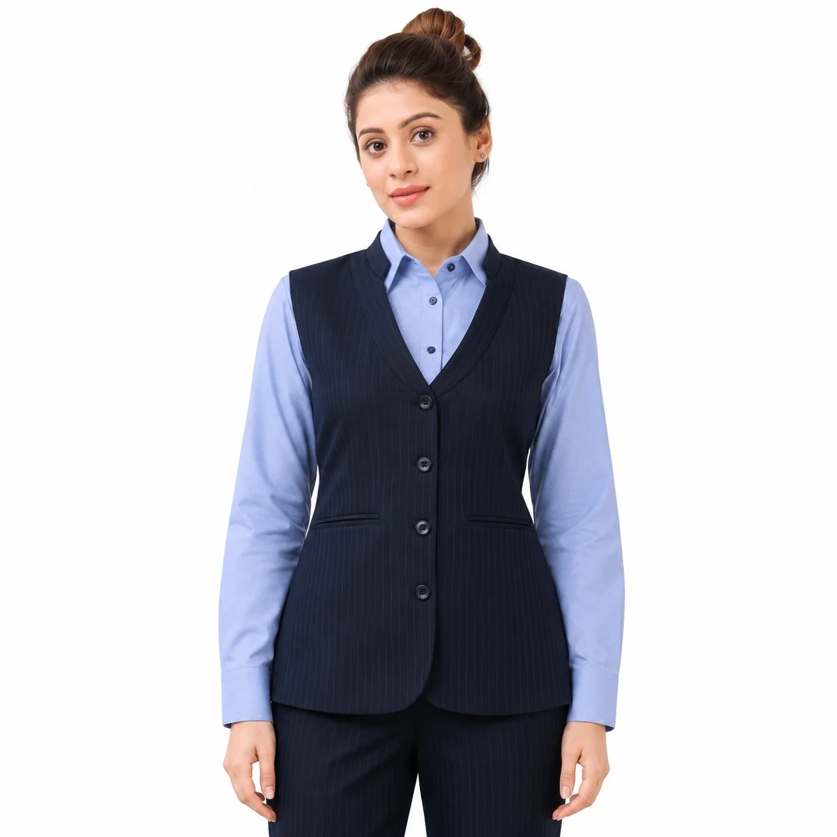 Womens Navy Pinstripe Waistcoat and Light Blue Shirt Uniform