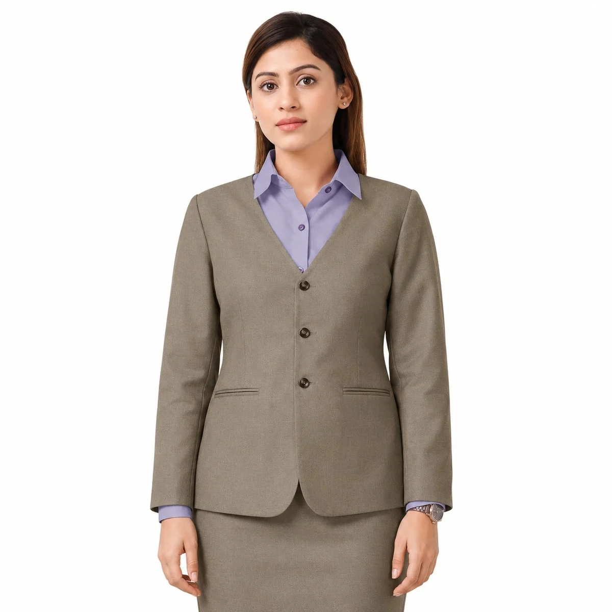 Womens Taupe Poly-Cotton Formal Blazer and Skirt Set