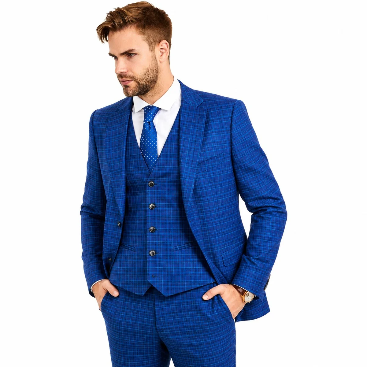 Mens Blue Plaid Three-Piece Corporate Suit