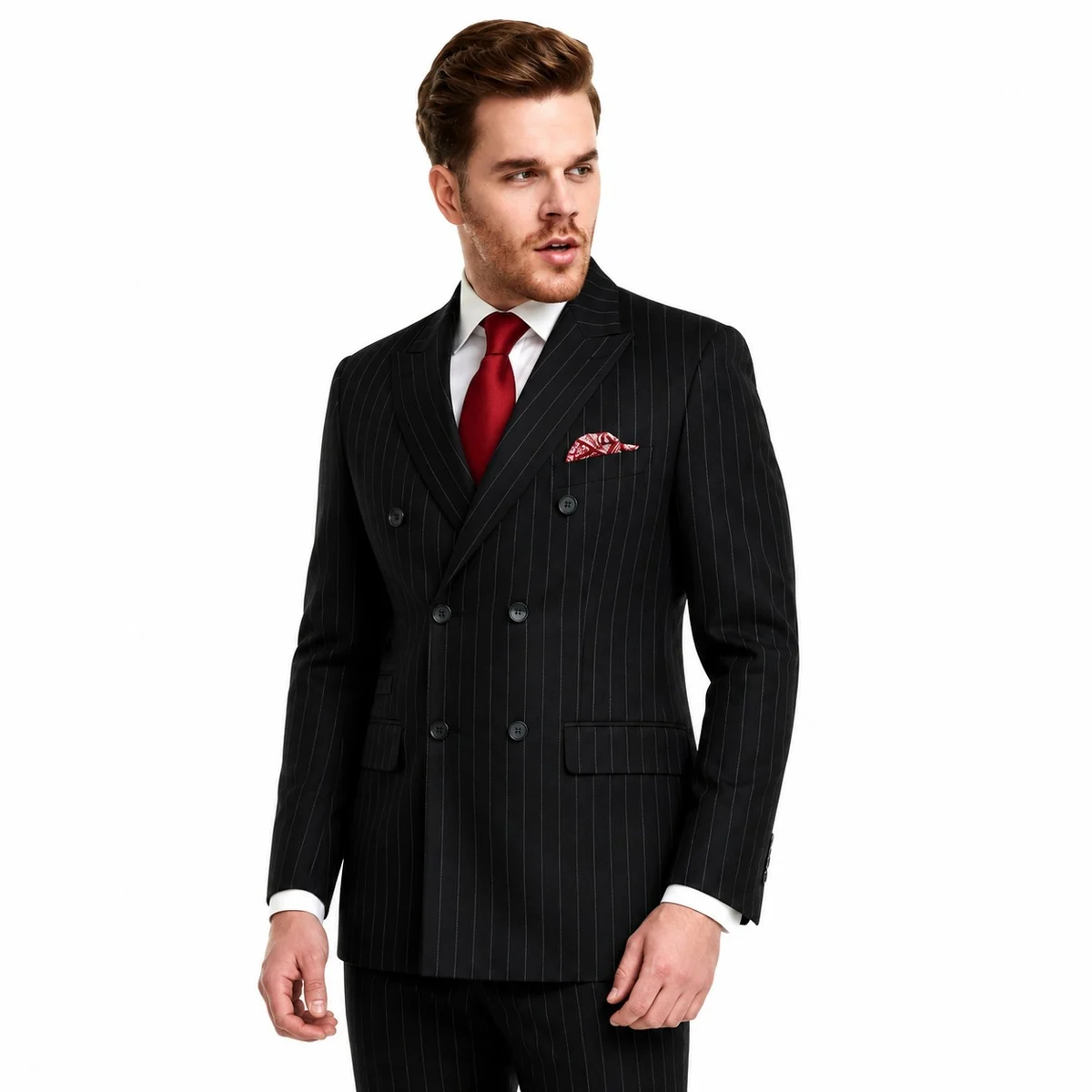 Mens Black Double-Breasted Pinstripe Corporate Suit