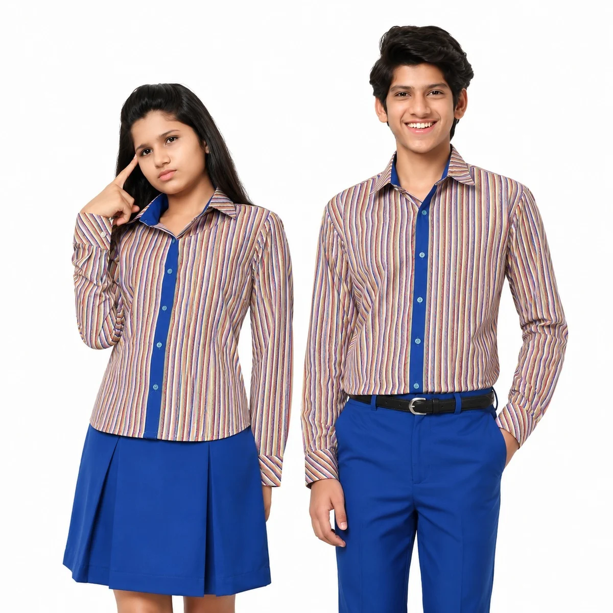 Multi-Color Striped Shirt and Royal Blue School Uniform Set