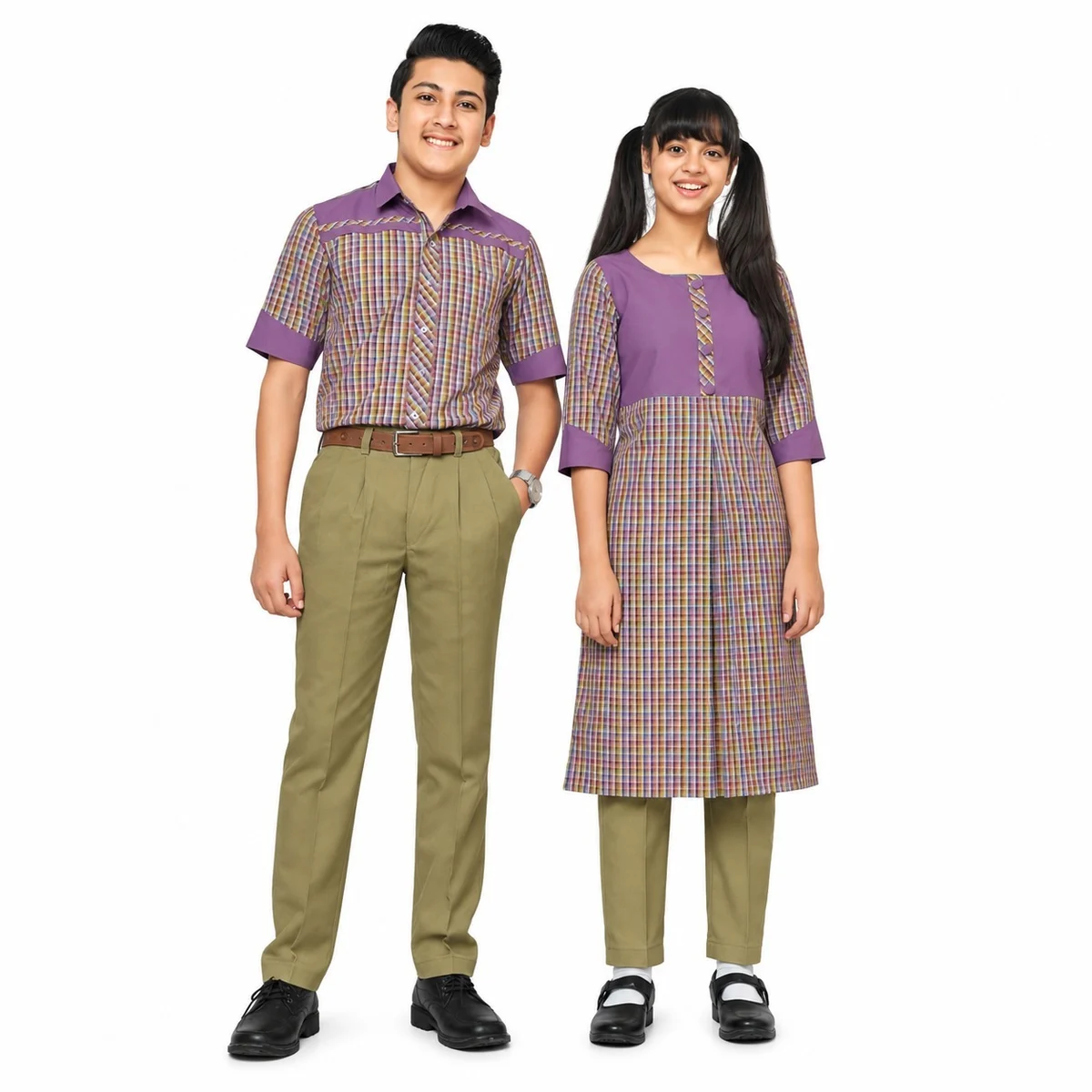 Purple Plaid and Olive Green School Uniform Set